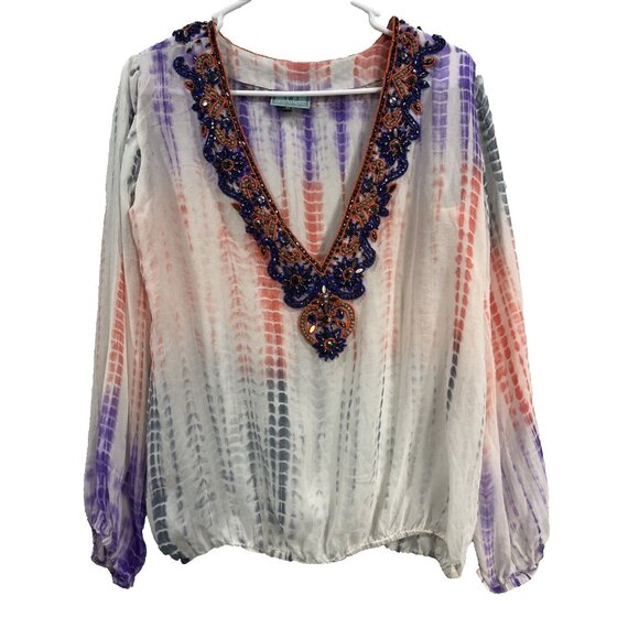 Taj Sabrina Crippa Silk Blouse Sz M White Hand Beaded Dyed Resort Boho Tropical - Picture 1 of 9